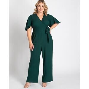 Kiyonna Green Jumpsuit Charisma Crepe Style 2X Pockets Zipper Back Faux Wrap